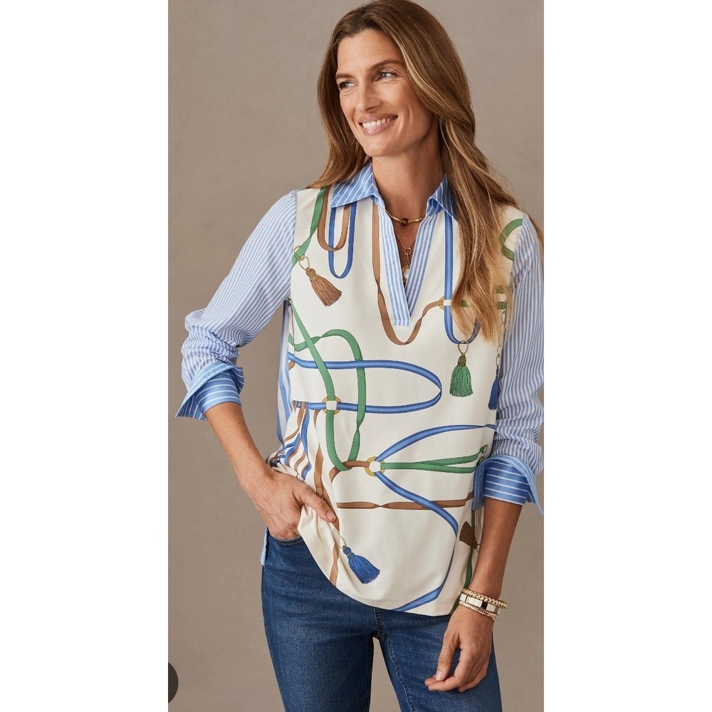 J.McLaughlin Tunic Womens‎ L Blue White New Scarf Print Striped Equestrian Top